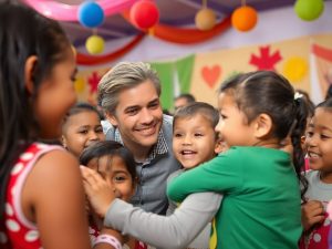 Celebrități implicate în activități caritabile cu copii fericiți.