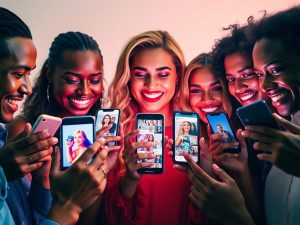 Vedete zâmbitoare navigând pe telefoanele lor, afișând rețele sociale.