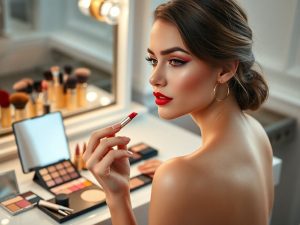 Model aplică ruj roșu, machiaj ochi fumuriu și ten luminos