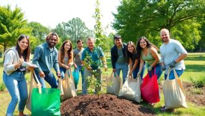 Celebrități plantează copaci și curăță un parc împreună.